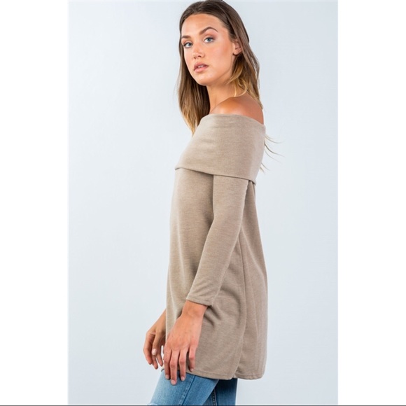 SALES TAUPE OFF SHOULDER FOLD-OVER LONG SLEEVE TOP - Picture 3 of 5